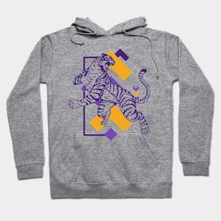 Retro Purple & Gold Tiger on the Attack // Vintage Geometric Shapes Background Hoodie